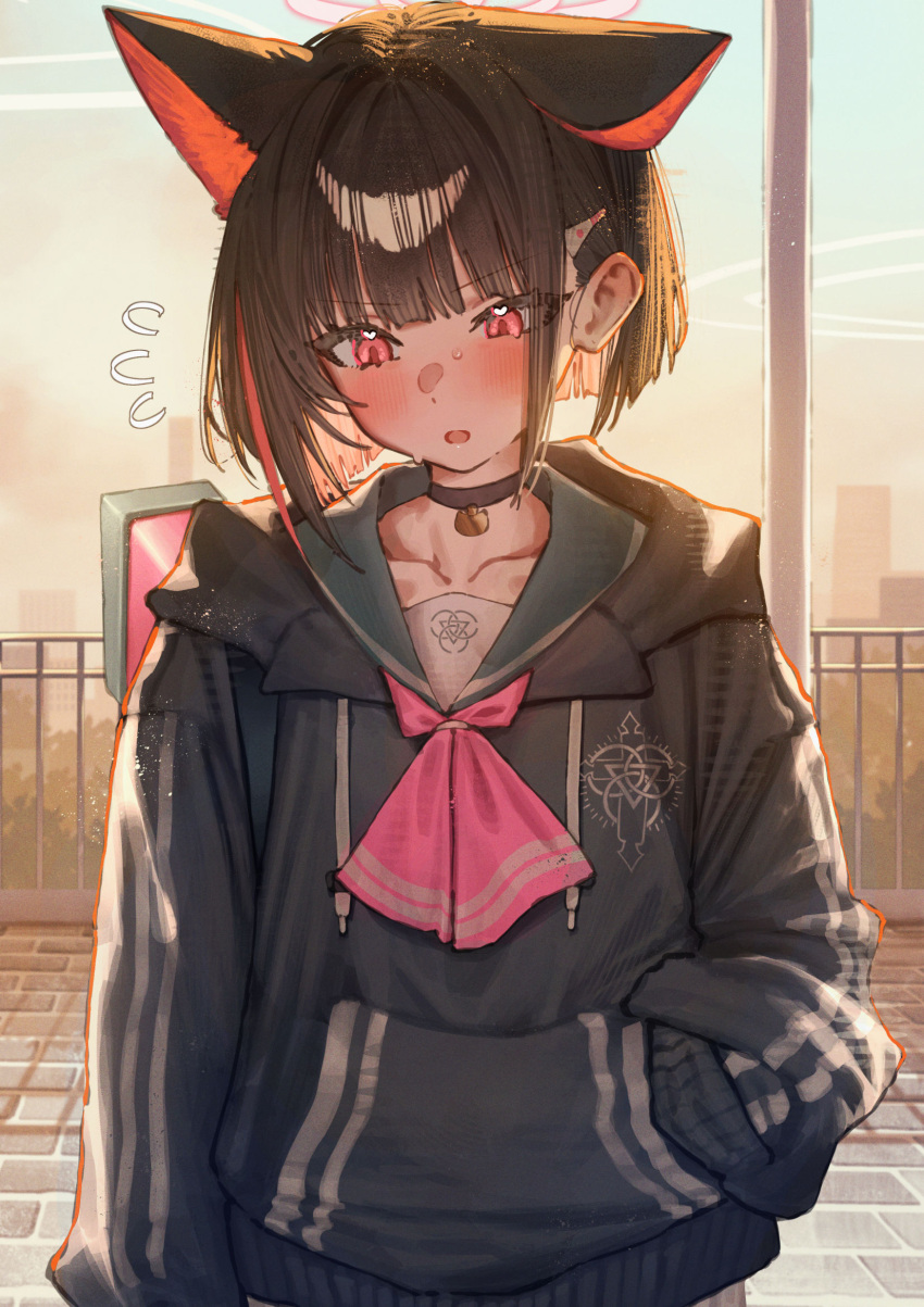 1girl, :o, animal_ears, averting_eyes, betanonbeet, black_choker, black_hair, black_hoodie