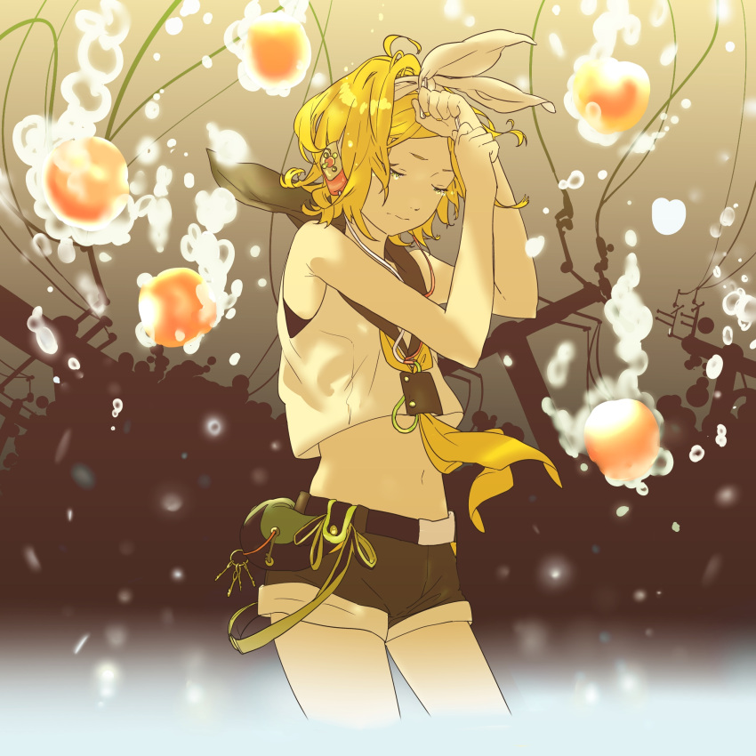 bad_id, bag, bare_shoulders, belt, blonde_hair, bow, bubble, face