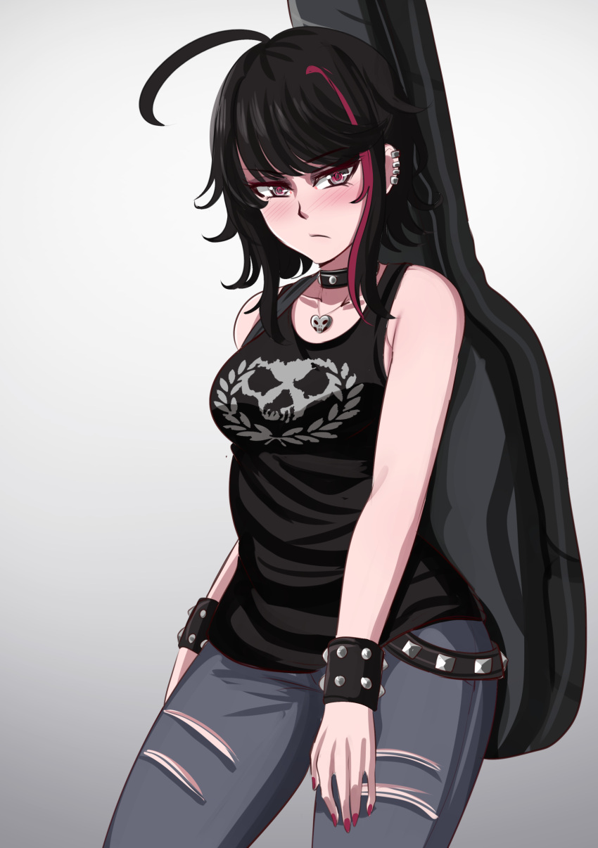 1girl, absurdres, ahoge, black_choker, black_hair, black_tank_top, bracelet, breasts