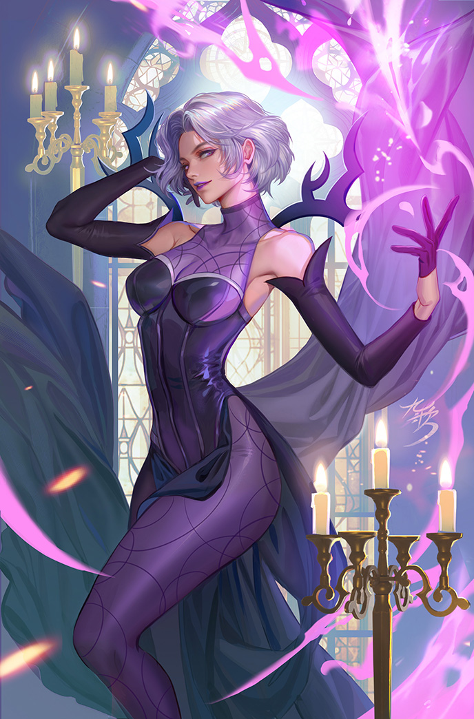 1girl, black_dress, black_gloves, black_sleeves, candlestand, clea_strange, comic_cover, commentary