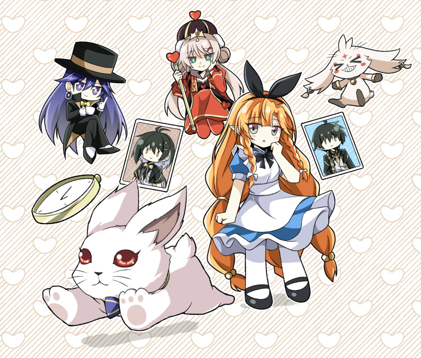 3girls, abby_(wuthering_waves), alice's_adventures_in_wonderland, alternate_costume, apron, black_hat, blue_dress, braid