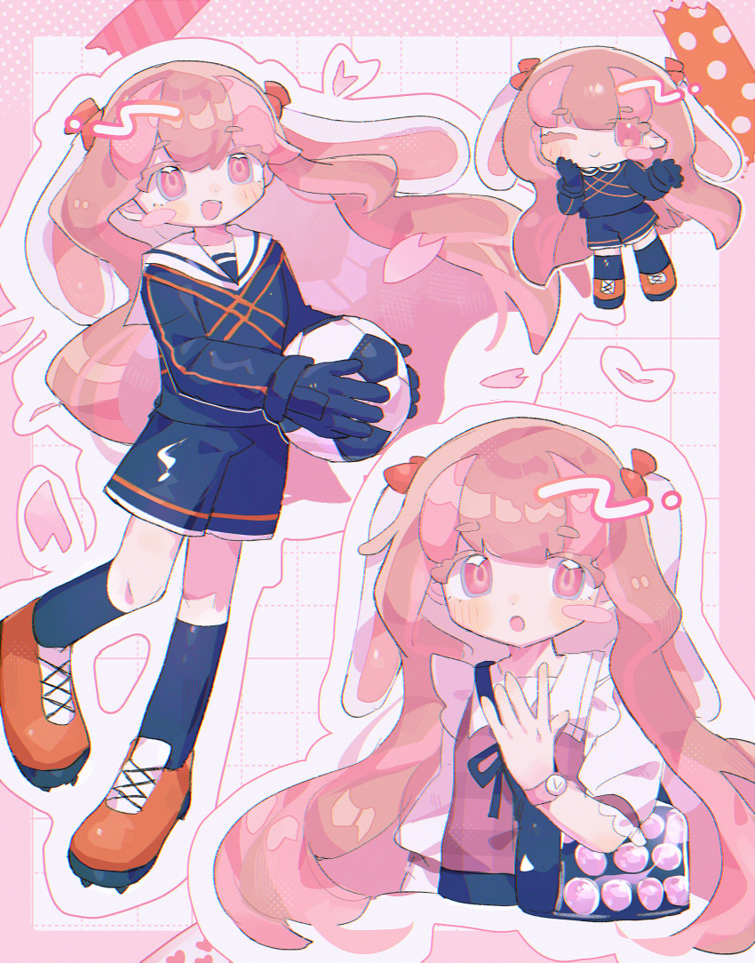 1girl, :d, :o, ;), animal_ears, ball, blue_gloves, blue_shirt