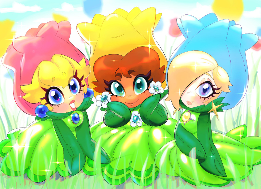 3girls, almguav, blonde_hair, blue_eyes, brown_hair, dark-skinned_female, dark_skin, earrings, flower_costume, flower_daisy, flower_earrings, flower_peach, flower_rosalina, green_eyes, hair_over_one_eye, highres, jewelry, looking_at_viewer, multiple_girls, official_alternate_costume, princess_daisy, princess_peach, rosalina, sphere_earrings, star_(symbol), star_earrings, super_mario_bros., super_mario_bros._wonder
