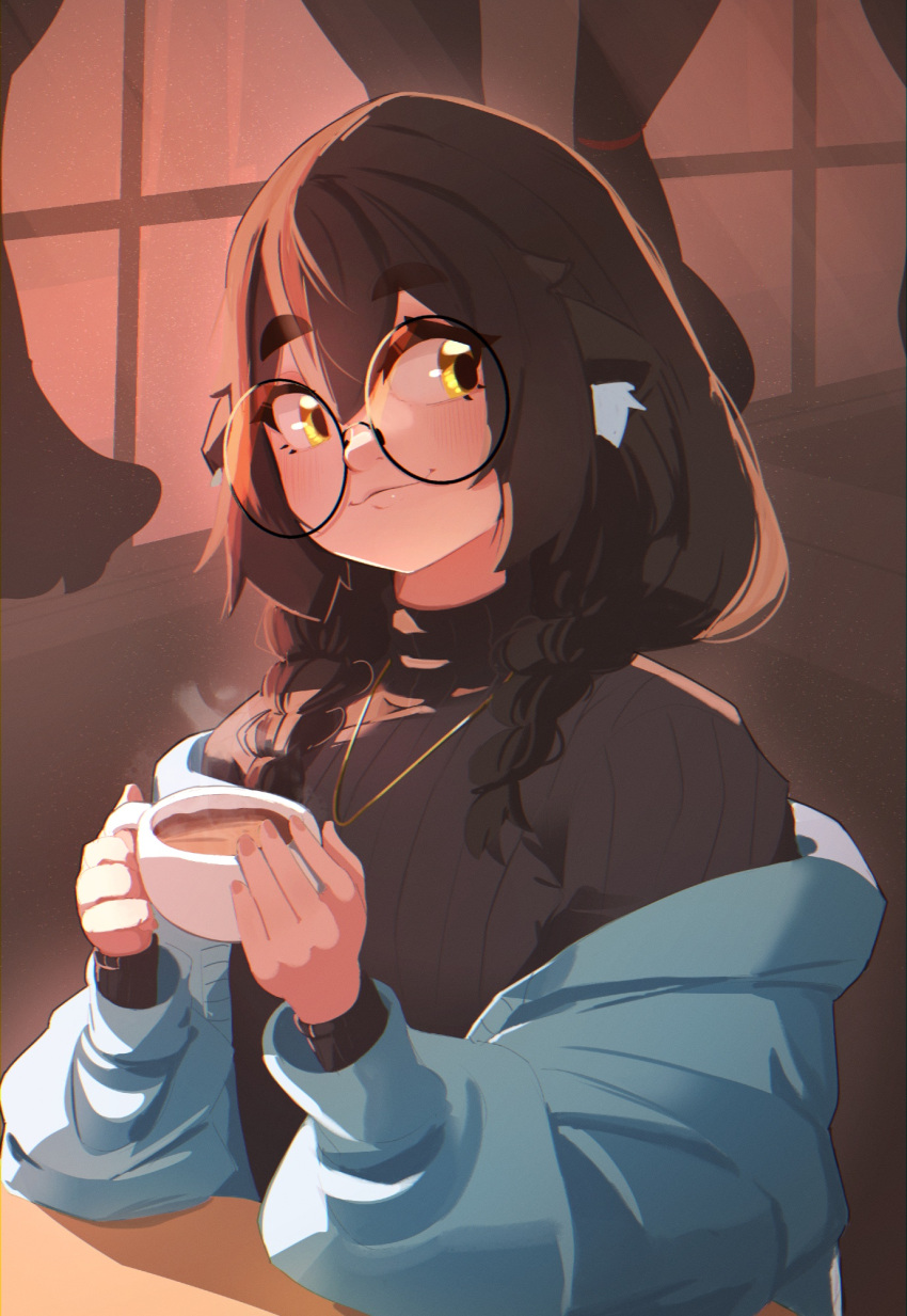 1girl, :3, animal_ear_fluff, animal_ears, black_sweater, blue_jacket, brown_hair, brown_sky, closed_mouth, coffee, coffee_mug, commentary, cup, curtains, double-parted_bangs, english_commentary, glasses, gold_necklace, hair_between_eyes, highres, holding, holding_cup, indoors, jacket, jacket_partially_removed, jewelry, long_sleeves, looking_at_viewer, maish_(maishtar_colo), maishtar_colo, medium_hair, mug, necklace, original, round_eyewear, sidelighting, sitting, sky, smile, solo, steam, sweater, table, upper_body, window, window_light, yellow_eyes