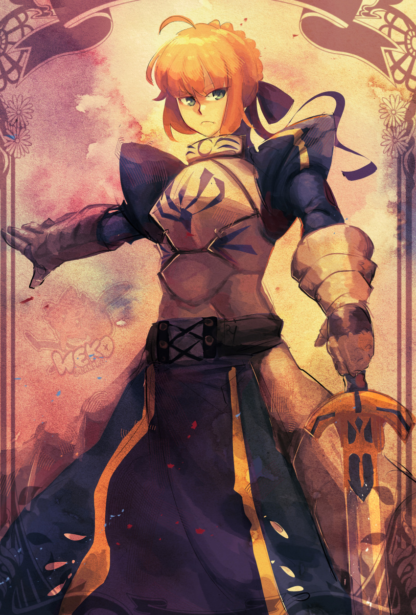 1girl, absurdres, ahoge, armor, armored_skirt, artist_name, artoria_pendragon_(fate), blonde_hair, blue_bow, blue_dress, blue_eyes, blue_ribbon, bow, braid, breastplate, can3ko, closed_mouth, commentary, crown_braid, dress, excalibur_(fate/stay_night), fate/stay_night, fate_(series), feet_out_of_frame, frown, gauntlets, hair_bow, hair_ribbon, highres, holding, holding_sword, holding_weapon, looking_at_viewer, medium_hair, nose, outstretched_arm, ribbon, saber_(fate), sidelocks, signature, solo, standing, sword, watermark, weapon, yellow_background