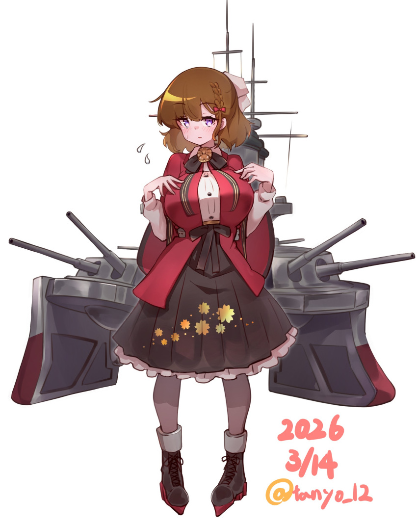 1girl, absurdres, asahi_(kancolle), black_hakama, braid, breasts, brown_hair, cannon, coat, commentary_request, hair_ribbon, hakama, highres, huge_breasts, japanese_clothes, kantai_collection, red_coat, red_happi, ribbon, rigging, ship_turret, shirt, short_hair, single_braid, solo, tanyou, violet_eyes, white_background, white_ribbon, white_shirt
