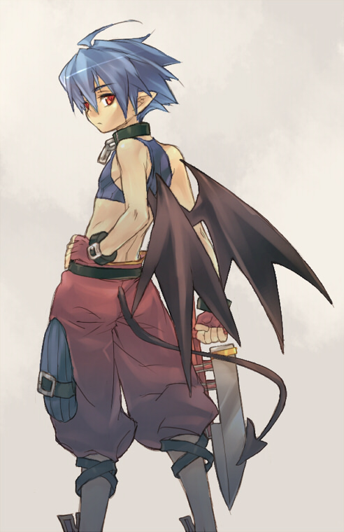 1boy, ahoge, bayonet, belial_(eco), black_collar, black_wings, blue_hair, blue_tank_top, collar, commentary_request, emil_chronicle_online, from_behind, grey_background, gun, hand_on_own_hip, holding, holding_gun, holding_weapon, looking_back, pants, pointy_ears, red_eyes, red_pants, solo, tank_top, wanko_(takohati8), weapon, wings