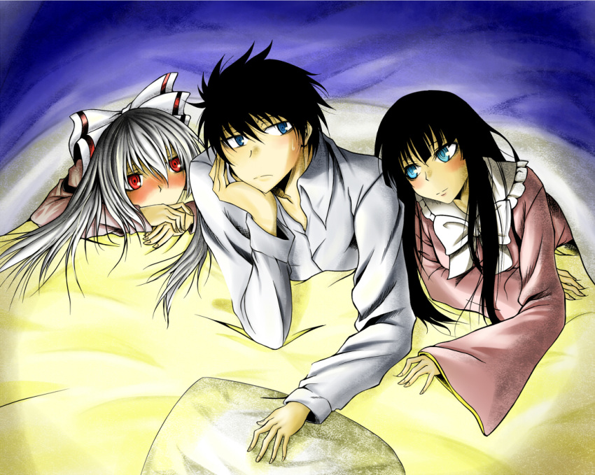bed_sheet, black_hair, blue_eyes, blush, bow, character_request, dress, fujiwara_no_mokou