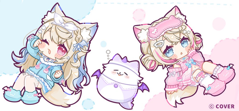 2girls, animal_ear_fluff, animal_ears, babydoll, blonde_hair, blue_eyes, blue_jacket, blue_streaks