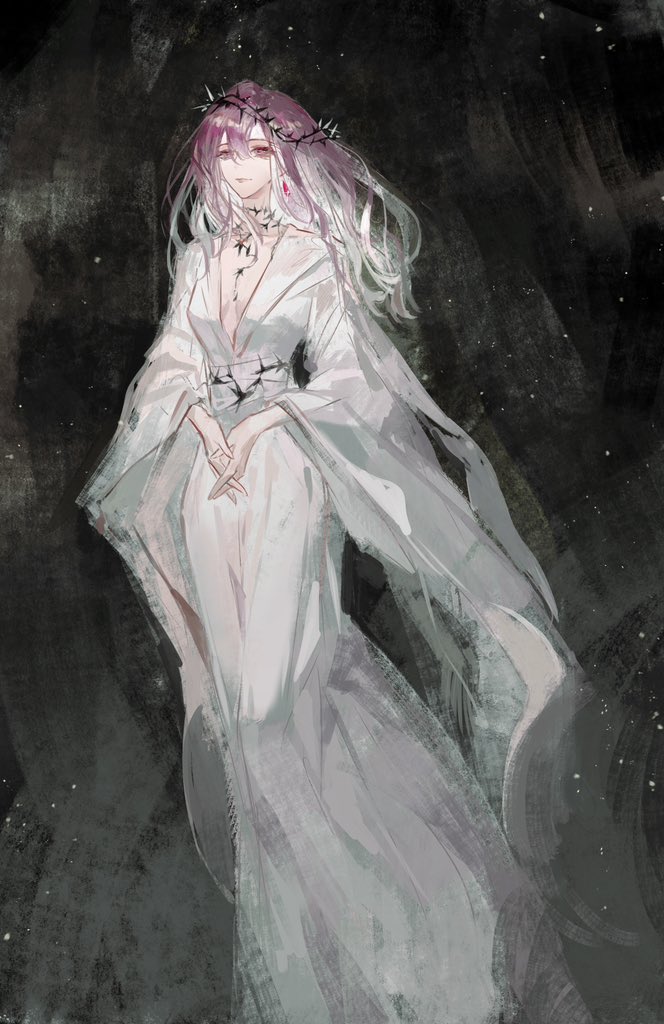 1girl, blood, crown_of_thorns, dress, long_dress, long_hair, ludibianyuan, own_hands_together