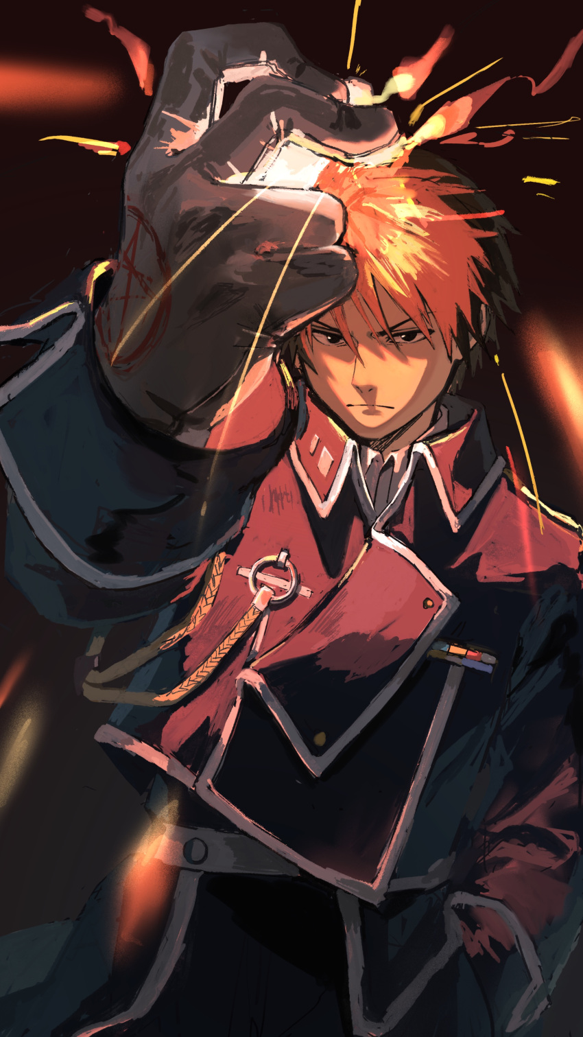 1boy, absurdres, aiguillette, amestris_military_uniform, black_hair, blue_jacket, blue_pants, collared_jacket