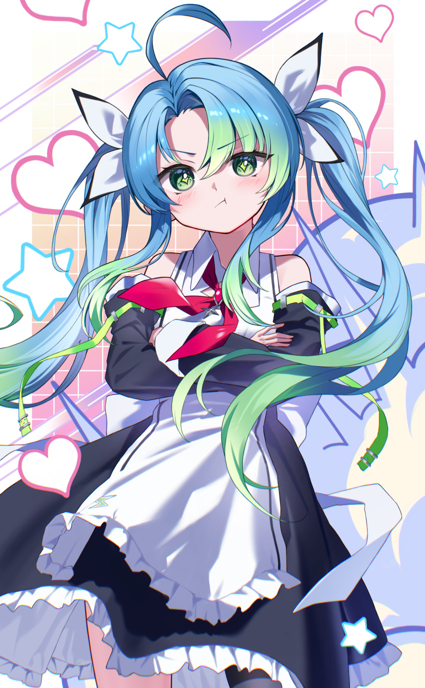 1girl, absurdres, apron, azur_lane, blush, crossed_arms, detached_sleeves, green_eyes