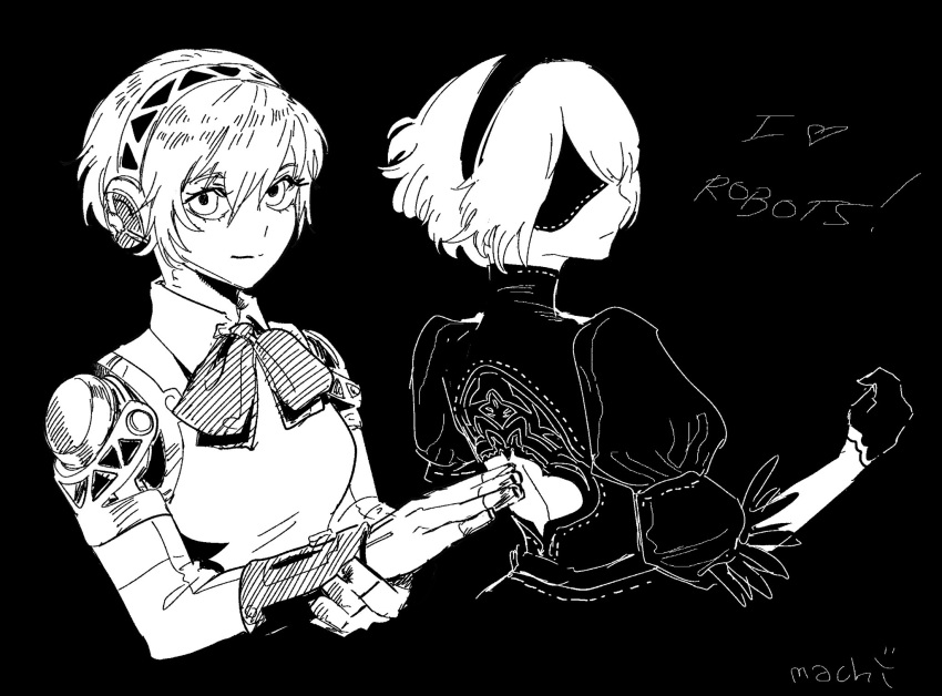 2b_(nier:automata), 2girls, aigis_(persona), android, back_cutout, blindfold, bow, bowtie, breasts, clothing_cutout, commentary, crossover, english_commentary, english_text, hairband, highres, joints, juliet_sleeves, long_sleeves, machipachi1901, medium_breasts, monochrome, multiple_girls, nier:automata, nier_(series), persona, persona_4, puffy_sleeves, robot_joints, short_hair, signature, smile, trait_connection, turtleneck