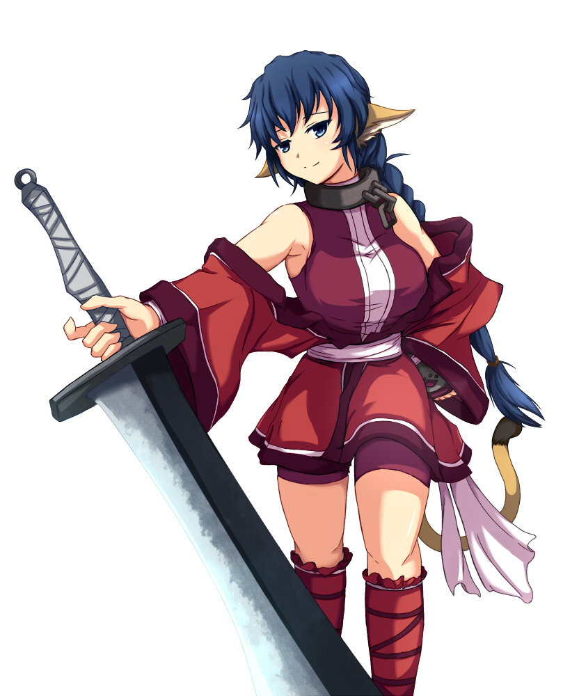 blue_eyes, blue_hair, braid, cat_ears, collar, cuffs, dog_ears, karura_(utawareru_mono), ken_(kenta1922), lion_ears, lion_tail, long_hair, shackles, sword, tail, utawareru_mono, weapon