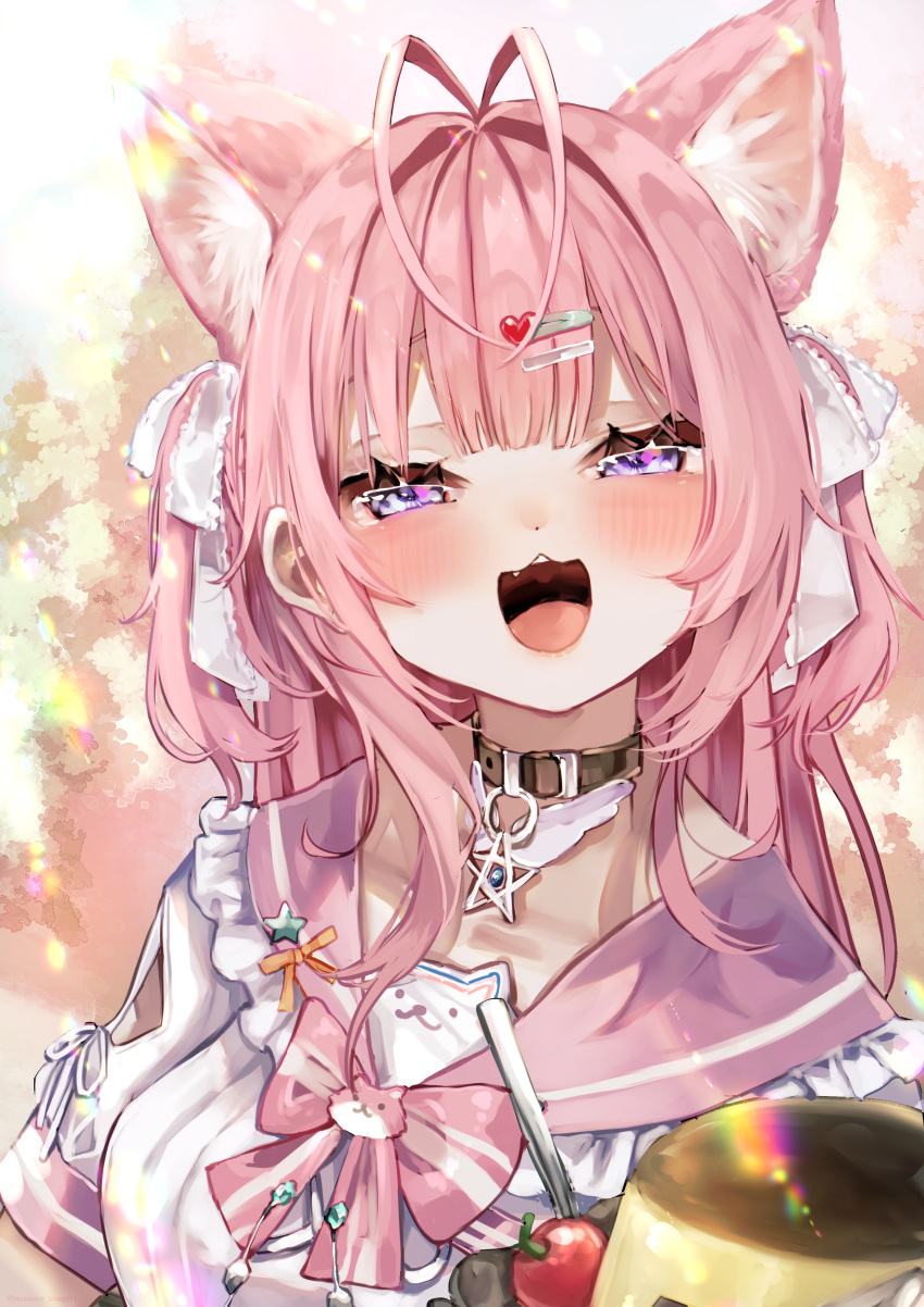 1girl, absurdres, animal_ears, antenna_hair, black_choker, blush, bow, choker