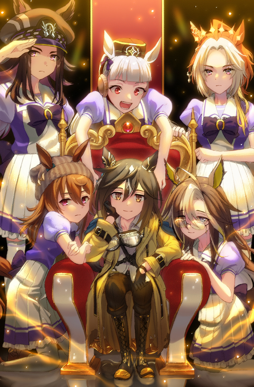 6+girls, absurdres, ahoge, animal_ears, asymmetrical_shirt, beanie, black_boots, black_gloves, black_hair, black_pants, blue_eyes, blunt_bangs, boots, bow, bowtie, breasts, brown_eyes, brown_hair, brown_hat, closed_mouth, coat, commentary_request, dream_journey_(umamusume), ear_bow, ear_covers, ears_through_headwear, eyewear_strap, fenomeno_(umamusume), flipped_hair, frown, glasses, gloves, goggles, goggles_around_neck, gold_ship_(umamusume), grey_hair, grey_hat, hair_between_eyes, hat, highres, horse_ears, horse_girl, horse_tail, horseshoe_hat_ornament, horseshoe_ornament, long_hair, looking_at_viewer, multicolored_hair, multiple_girls, nakayama_festa_(umamusume), on_throne, open_mouth, orange_hair, orfevre_(umamusume), pants, peaked_cap, pillbox_hat, pleated_skirt, plus_ta, puffy_short_sleeves, puffy_sleeves, purple_bow, purple_bowtie, purple_hair, purple_shirt, sailor_collar, sailor_shirt, salute, school_uniform, shirt, short_sleeves, single_ear_cover, sitting, skirt, smile, stay_gold_(sunlit_outsider)_(umamusume), stay_gold_(umamusume), stay_gold_clan_(umamusume), tail, teeth, thigh-highs, tracen_school_uniform, two-tone_hair, umamusume, violet_eyes, white_hair, white_sailor_collar, white_shirt, white_skirt, white_thighhighs, wrist_belt, yellow_coat
