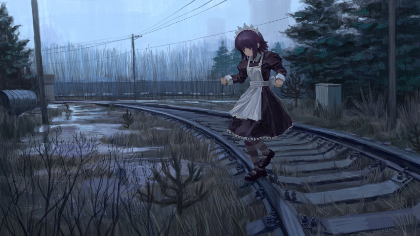 1girl, absurdres, an_yb, apron, black_dress, black_shoes, closed_mouth, collared_dress