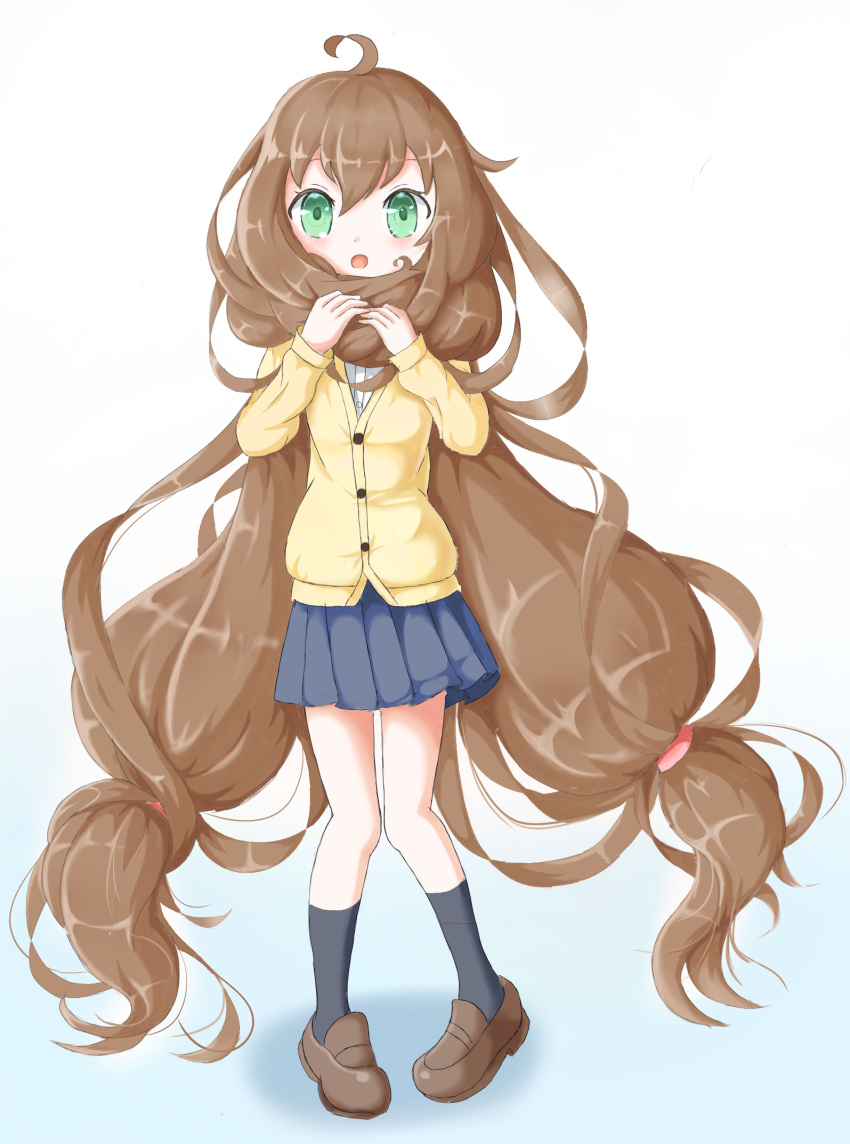 1girl, :o, adjusting_hair, ahoge, blue_skirt, blue_socks, braid, braided_twintails