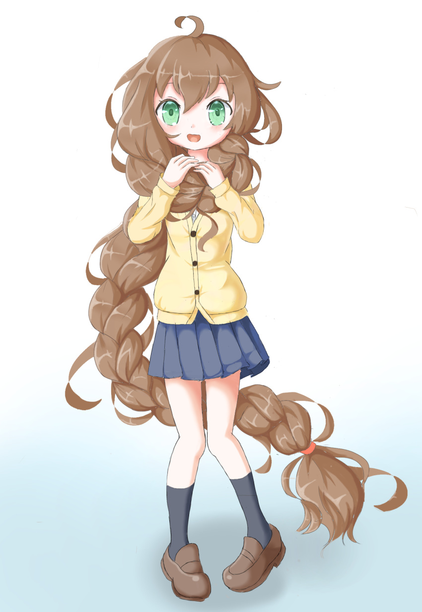 1girl, :3, adjusting_hair, ahoge, blue_skirt, blue_socks, braid, braided_ponytail