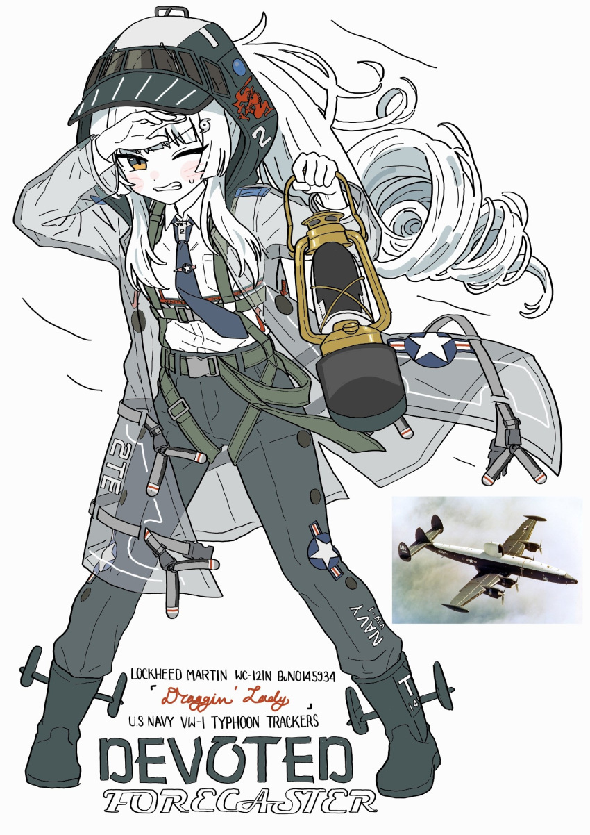 1girl, blackd09, blue_necktie, boots, green_boots, green_pants, grey_background, grey_jacket