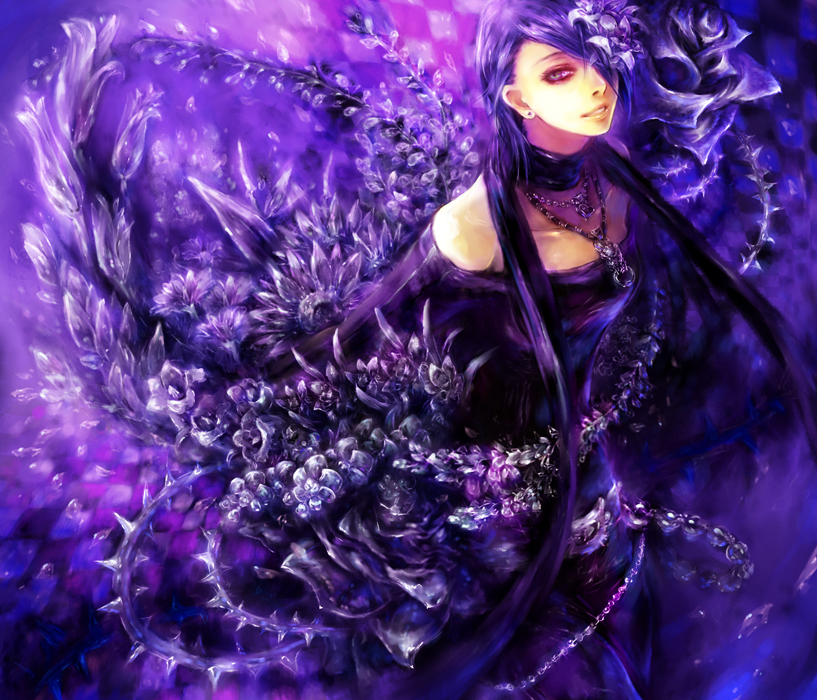 choker, dress, flower, hair_over_one_eye, jewelry, necklace, original, purple, purple_eyes, purple_hair, solo, tsuya_iruka, violet_eyes