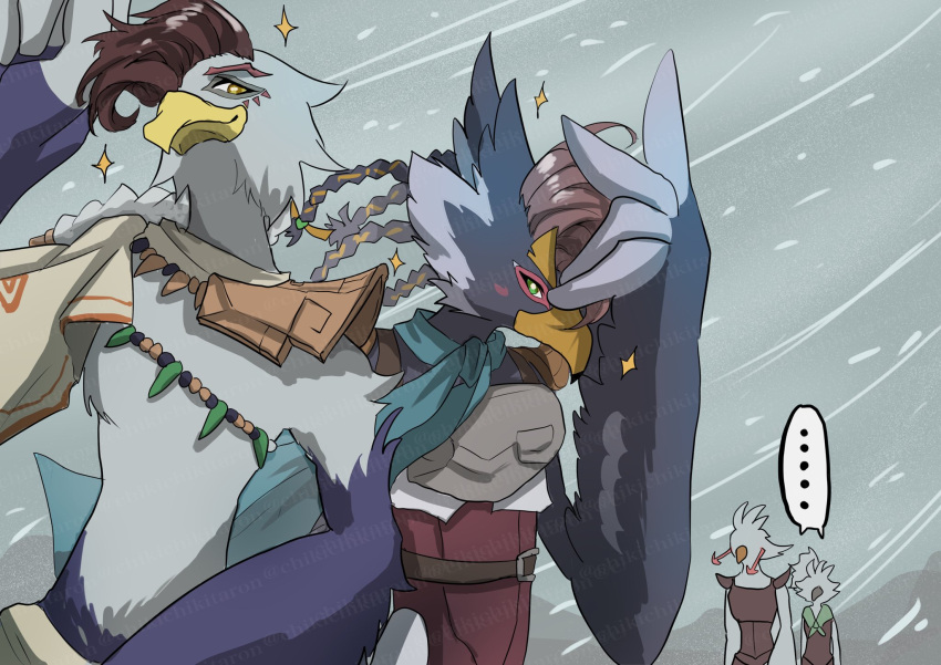 ..., 4boys, beak, bird_boy, braid, chikichikitaron, commentary_request, furry