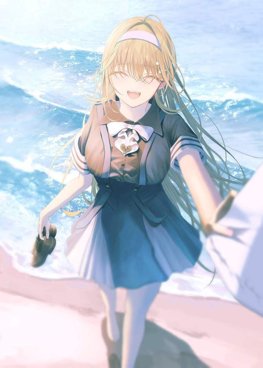 1girl, :d, beach, black_dress, character_request, closed_eyes, commentary, dress