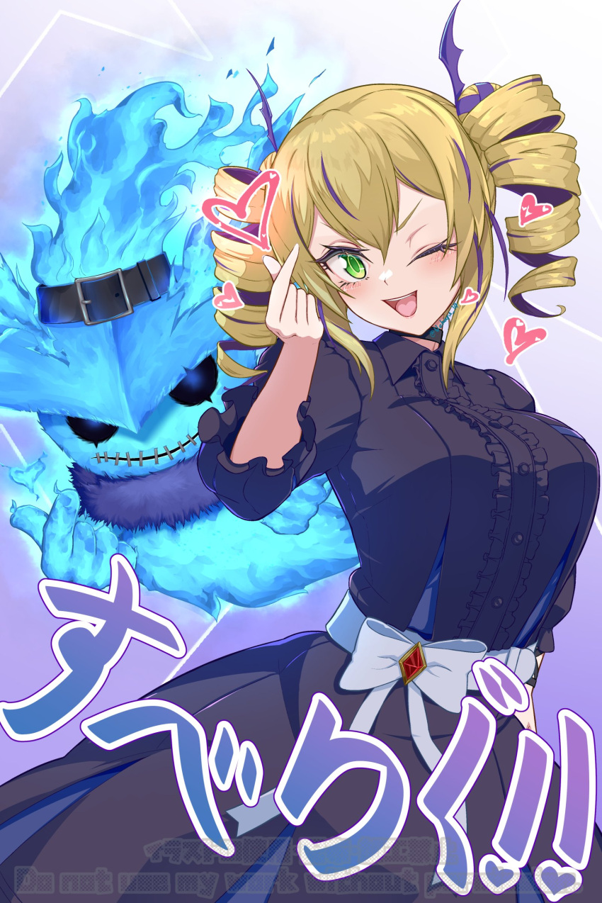 1girl, absurdres, black_dress, blonde_hair, breasts, commentary_request, cowboy_shot, digimon