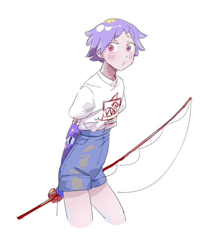 1other, blue_shorts, blush, closed_mouth, commentary_request, cowboy_shot, fishing_rod, high-waist_shorts