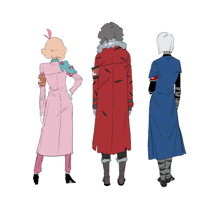 3others, armband, black_shoes, blonde_hair, blue_coat, bob_cut, boots, bow