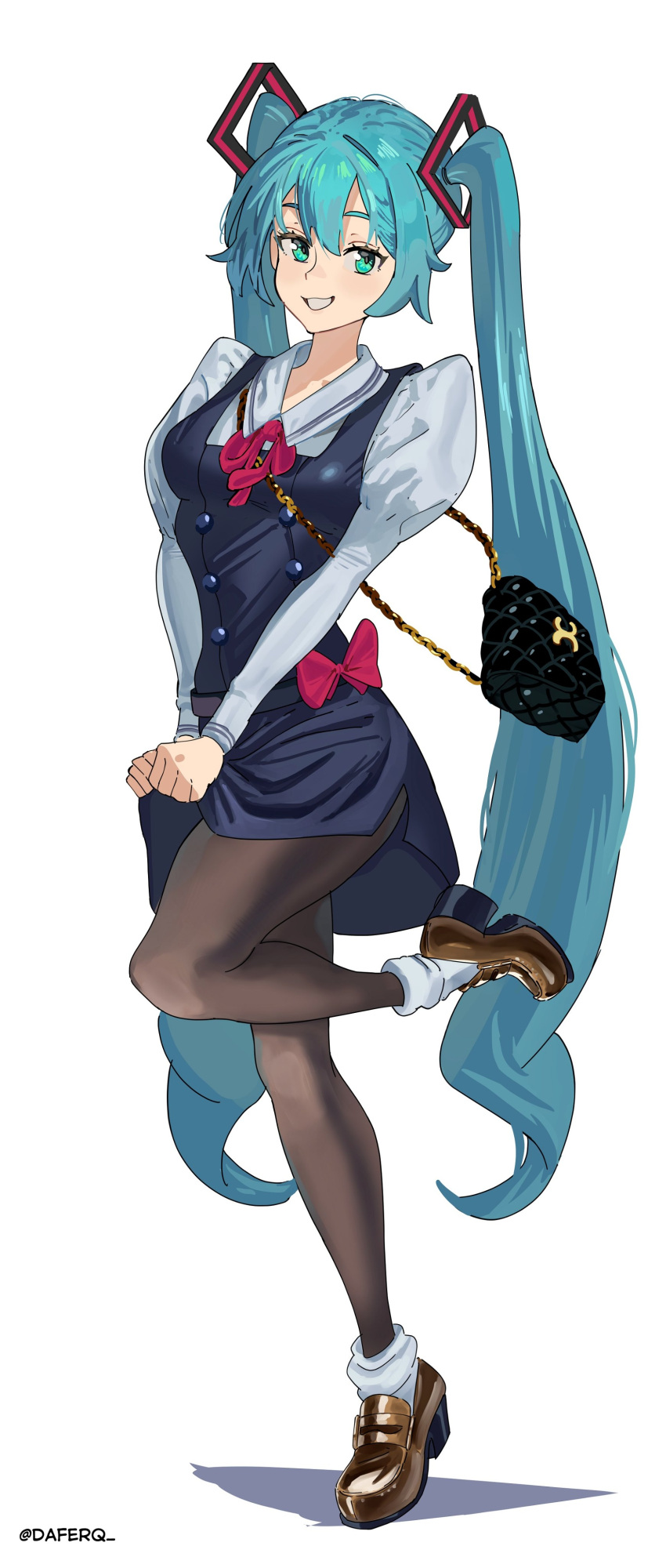 1girl, absurdres, aqua_eyes, aqua_hair, artist_name, bag, black_bag, black_pantyhose