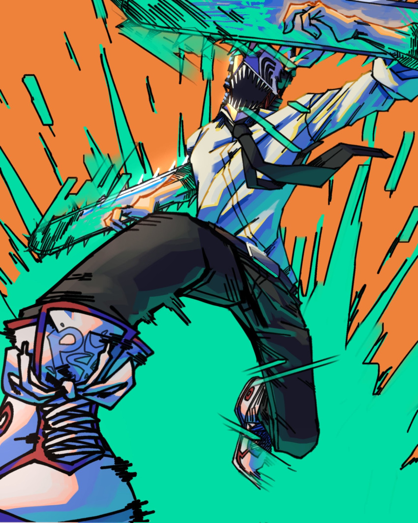 1boy, black_necktie, black_pants, chainsaw, chainsaw_devil, chainsaw_man, collared_shirt, denji_(chainsaw_man), dual_wielding, fighting_stance, full_body, highres, holding, male_focus, necktie, open_mouth, orange_background, pants, psycho_boi_m, sharp_teeth, shirt, shoes, sleeves_rolled_up, sneakers, solo, teeth, white_shirt, white_shoes