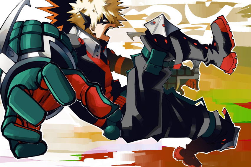 1boy, bakugou_katsuki, black_boots, black_mask, black_pants, blonde_hair, boku_no_hero_academia, boots, eye_mask, full_body, gloves, green_gloves, hair_between_eyes, highres, male_focus, mask, midair, open_mouth, pants, psycho_boi_m, red_eyes, short_hair, shouting, solo, spiky_hair, superhero_costume