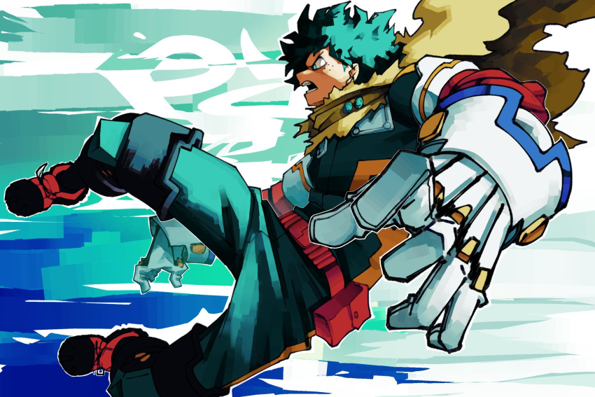 1boy, belt, boku_no_hero_academia, boots, freckles, full_body, furrowed_brow, gloves
