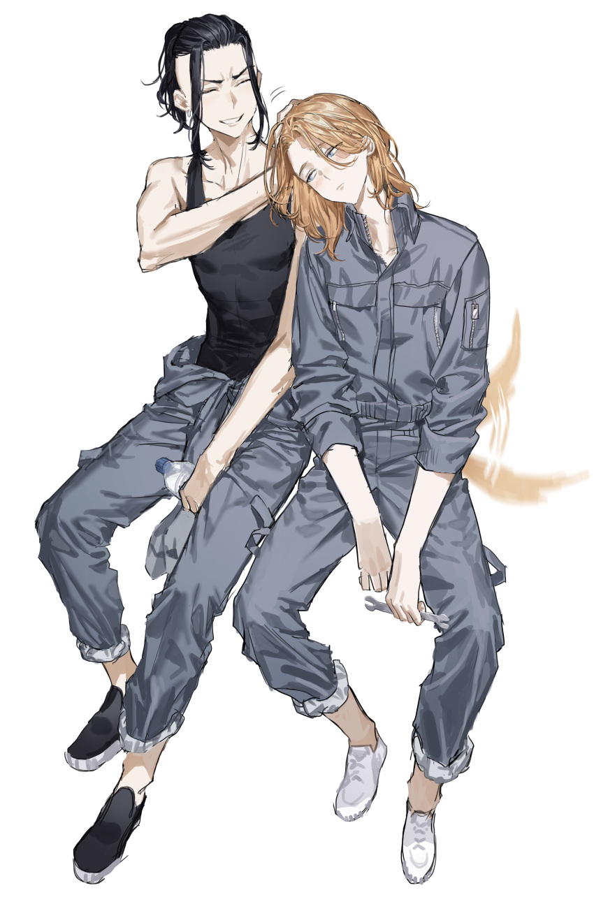 2boys, absurdres, black_hair, black_tank_top, blonde_hair, blue_eyes, bottle, braid, braided_ponytail, burn_scar, chamuring, closed_mouth, commentary_request, dog_tail, double-sided_wrench, earrings, grey_jumpsuit, grin, hand_on_another's_head, headpat, highres, holding, holding_bottle, holding_wrench, inui_seishu, jewelry, jumpsuit, jumpsuit_around_waist, korean_commentary, long_hair, long_sleeves, male_focus, medium_hair, multiple_boys, open_jumpsuit, plastic_bottle, ryuuguuji_ken, scar, scar_on_face, simple_background, single_earring, smile, tail, tail_wagging, tank_top, tokyo_revengers, water_bottle, white_background, wrench