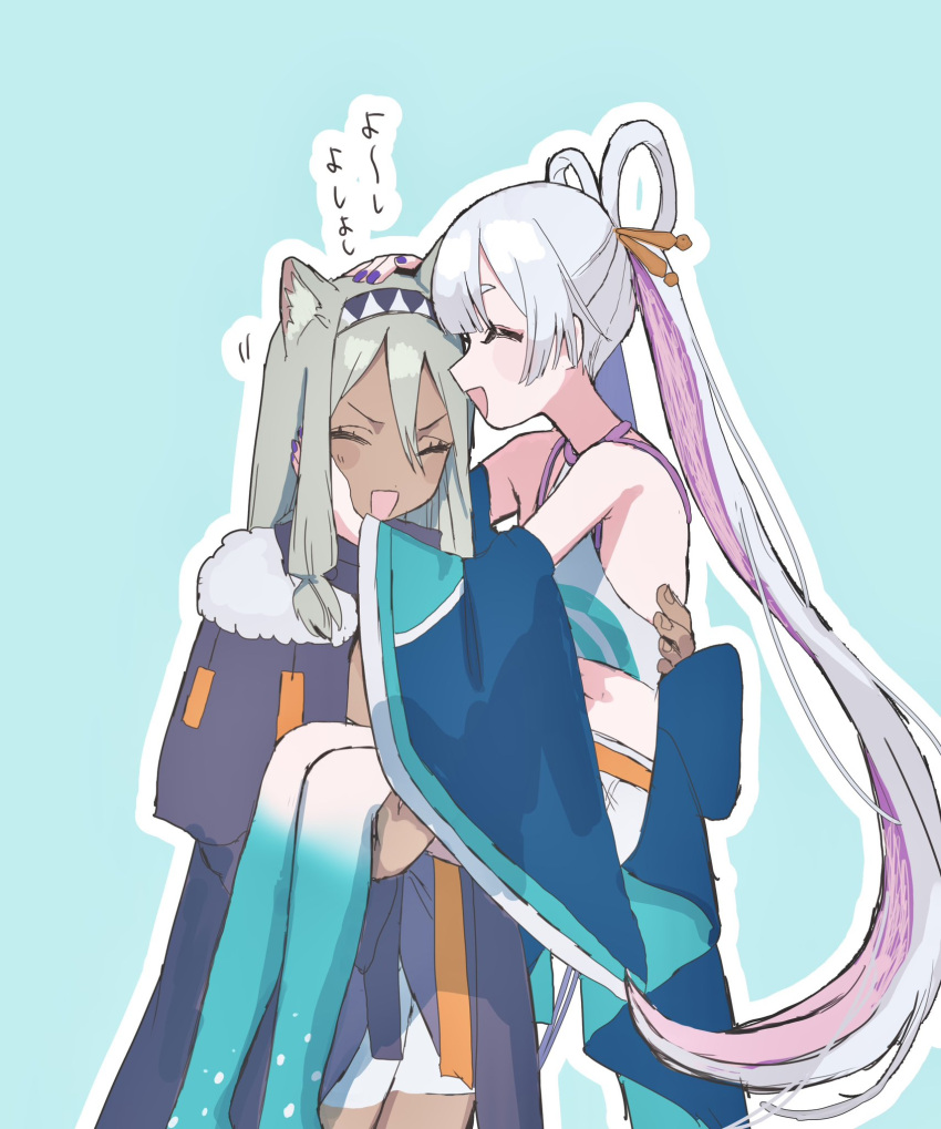 2girls, animal_ears, bare_shoulders, carrying, cho_kaguya-hime!, chuken_otako, closed_eyes, commentary