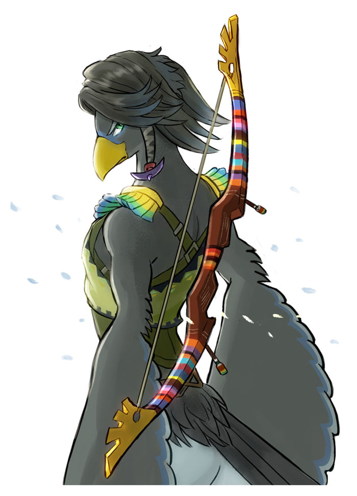 1boy, beak, bird_boy, bird_tail, bow_(weapon), closed_mouth, commentary_request, furry