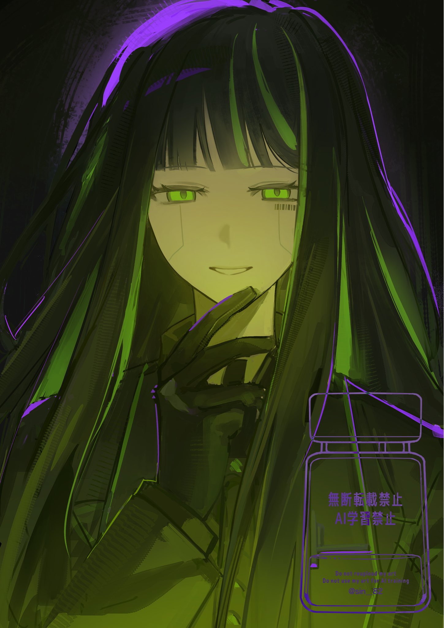 1girl, alfonso_(project_moon), barcode, black_hair, blunt_bangs, close-up, dark_background, green_eyes