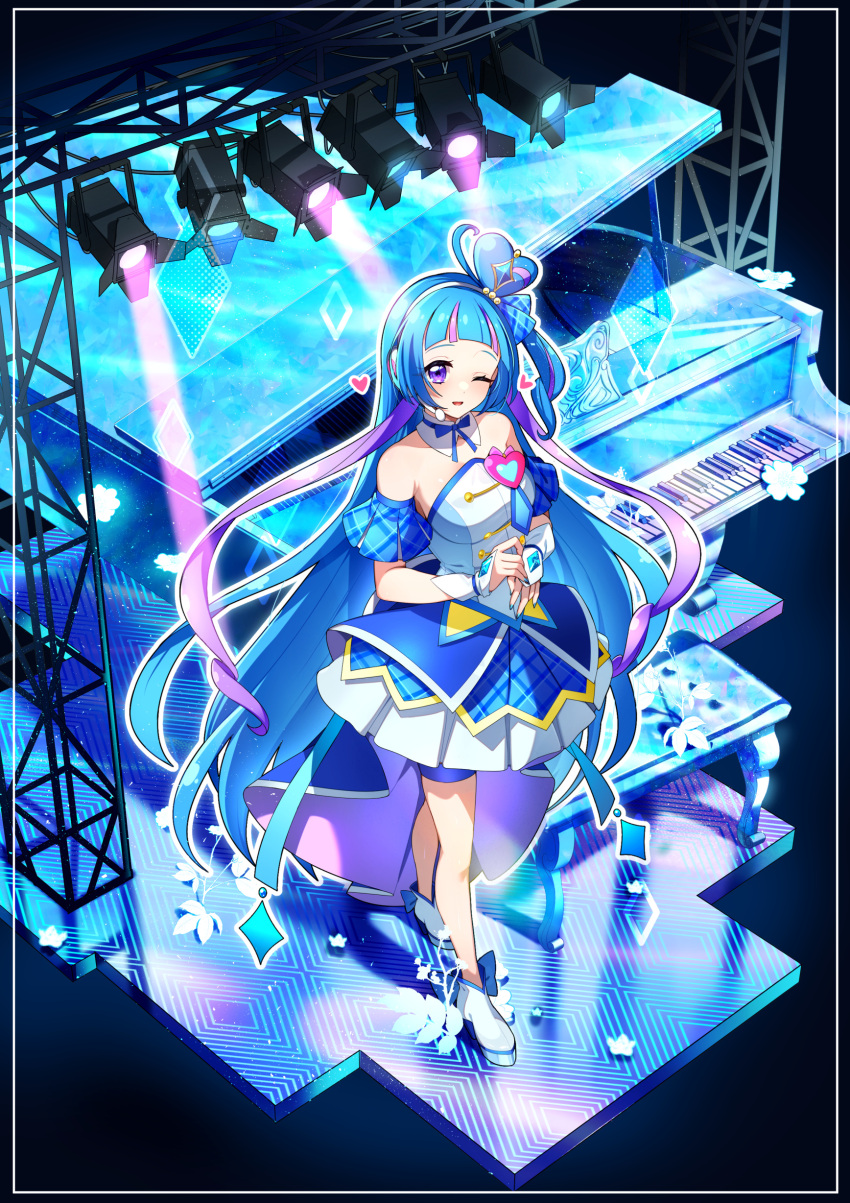 1girl, absurdres, aokaze_nana, blue_dress, blue_hair, blue_nails, blue_wrist_cuffs, blush
