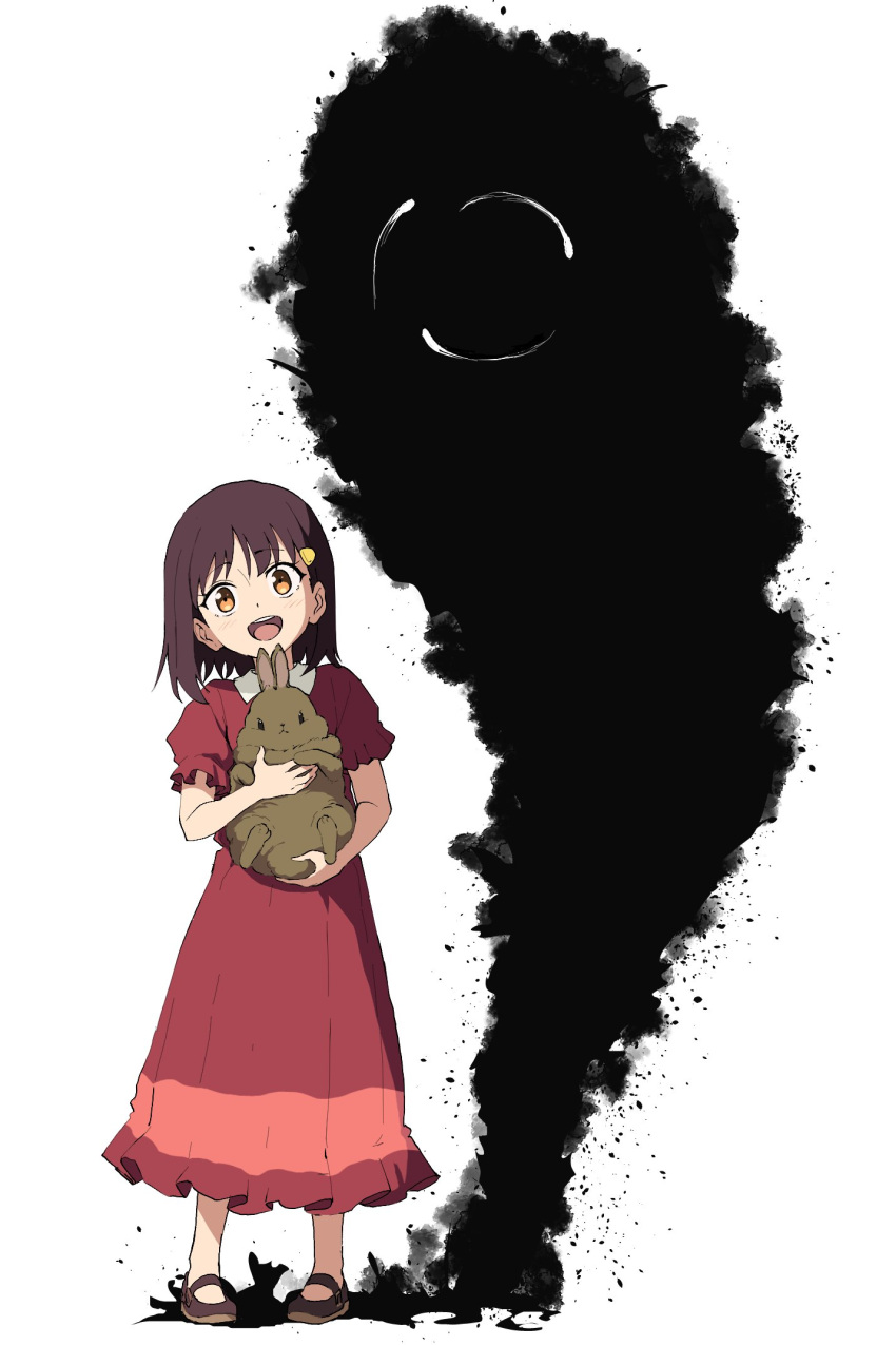 1girl, animal, brown_eyes, brown_hair, darkness, dress, fate/strange_fake, fate_(series), highres, holding, holding_animal, holding_rabbit, kuruoka_tsubaki, long_dress, momomatang, pale_rider_(fate), rabbit, red_dress, white_background