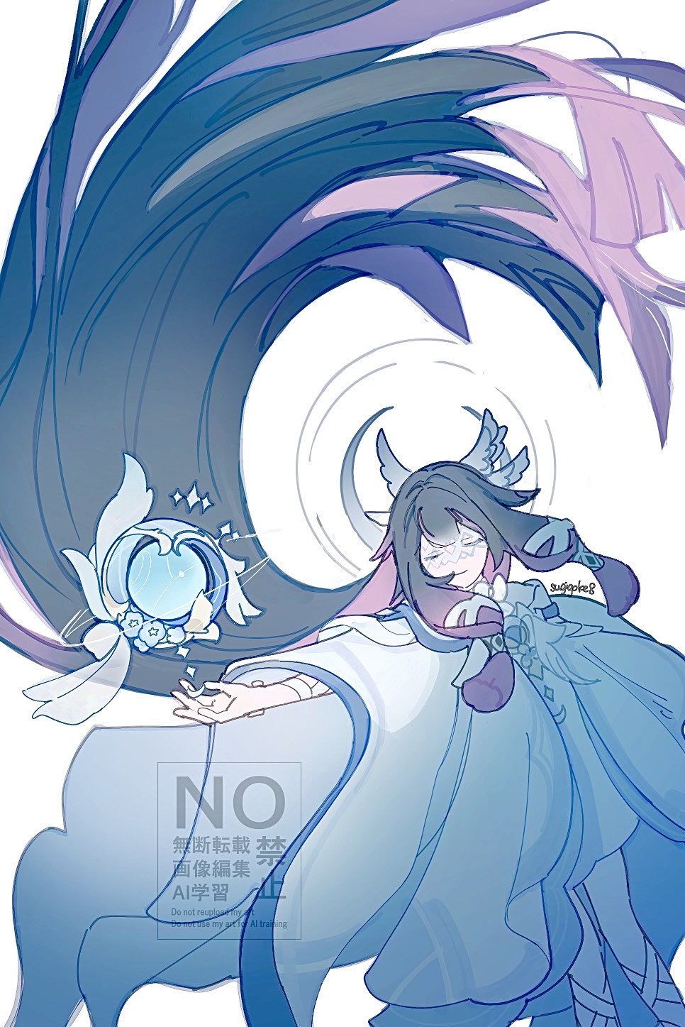 1girl, absurdly_long_hair, black_hair, closed_eyes, closed_mouth, colored_inner_hair, columbina_(genshin_impact), commentary_request, crescent_halo, dress, eye_mask, feet_out_of_frame, floating_hair, genshin_impact, halo, halo_behind_head, head_wings, highres, long_hair, mask, multicolored_hair, nocturne's_curtain_call_(genshin_impact), outstretched_arm, pink_hair, simple_background, solo, sugigoke8, twitter_username, two-tone_hair, very_long_hair, watermark, white_background, white_dress, white_wings, wings