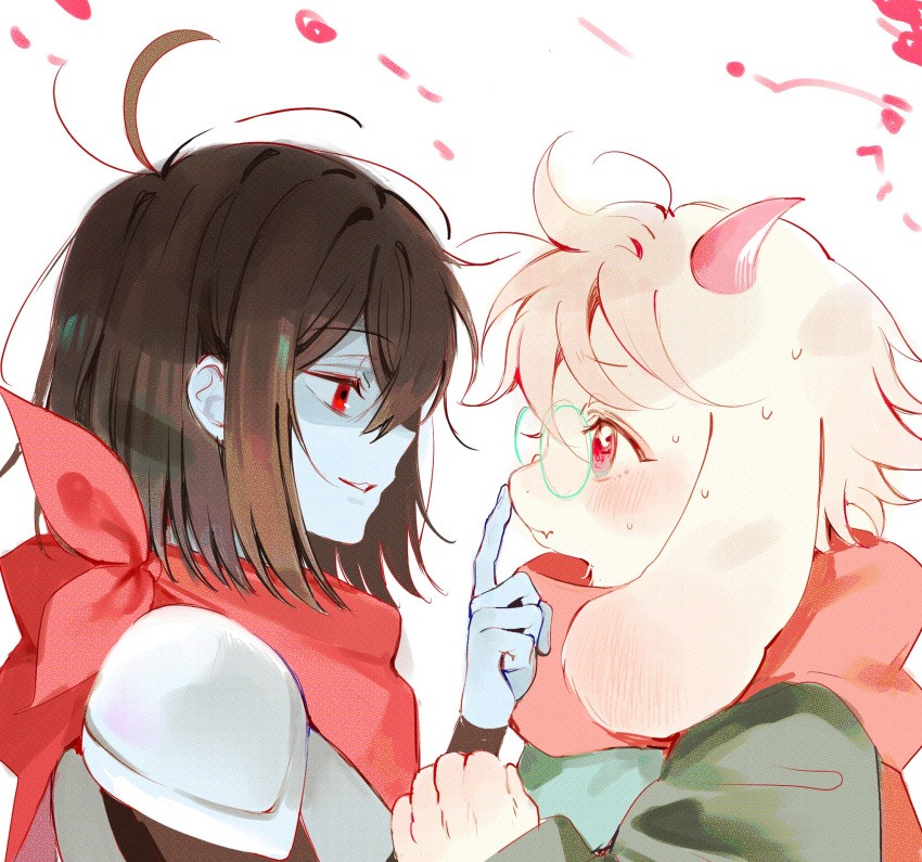 1boy, 1other, androgynous, animal_ears, antenna_hair, aqua-framed_eyewear, armor, black_bodysuit