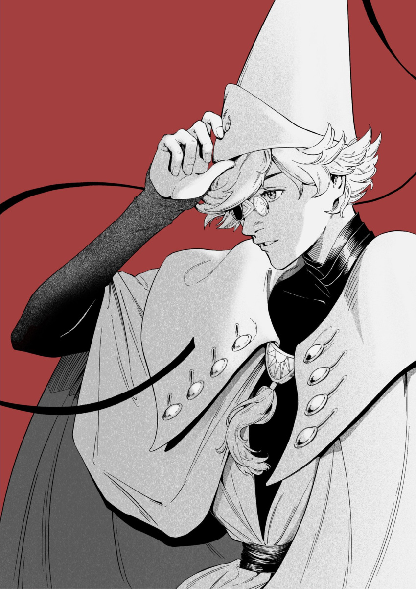 1boy, adjusting_clothes, adjusting_headwear, black_shirt, cloak, commentary, fellgorr, glasses, grey_hair, highres, male_focus, monochrome, parted_lips, qifrey_(tongari_boushi_no_atelier), red_background, robe, round_eyewear, shirt, short_hair, solo, spot_color, swept_bangs, tassel, tongari_boushi_no_atelier, upper_body, white_cloak, white_robe