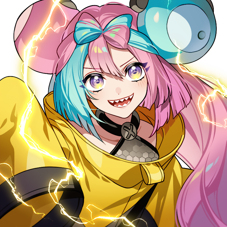 1girl, character_hair_ornament, collarbone, commentary, electricity, grey_shirt, hair_ornament, happy