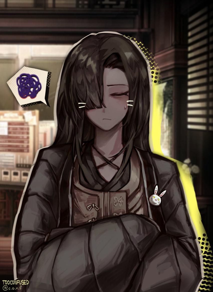 1girl, artist_name, asymmetrical_bangs, black_coat, blunt_bangs, closed_eyes, closed_mouth, coat