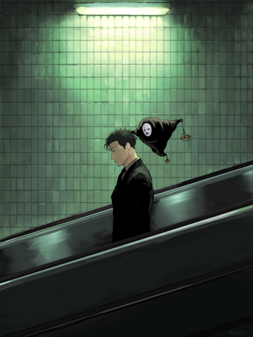 1boy, black_hair, black_necktie, black_suit, ceiling_light, commentary_request, dress_shirt, escalator