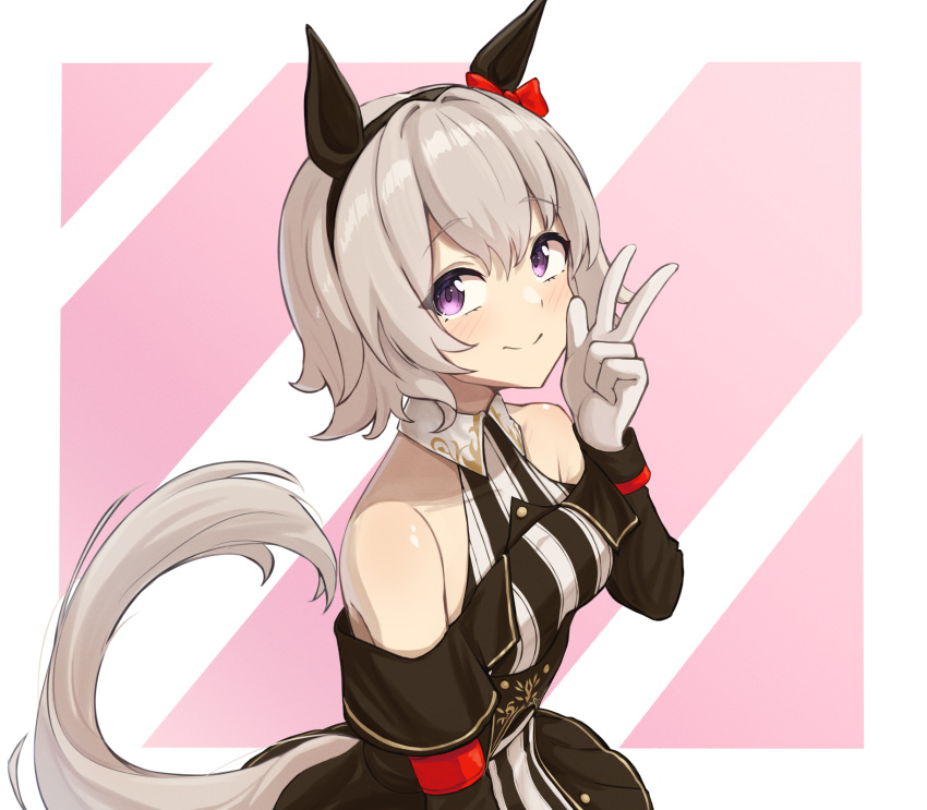 1girl, animal_ears, bare_shoulders, black_hairband, blush, bow, breasts, closed_mouth