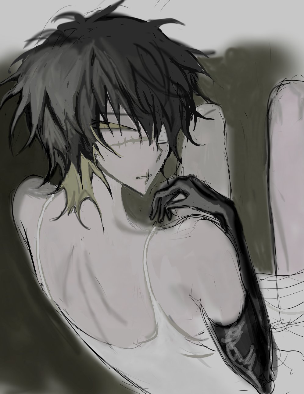 1boy, eyepatch, highres, kasophism, medical_eyepatch, scar, scar_on_face, scar_on_mouth