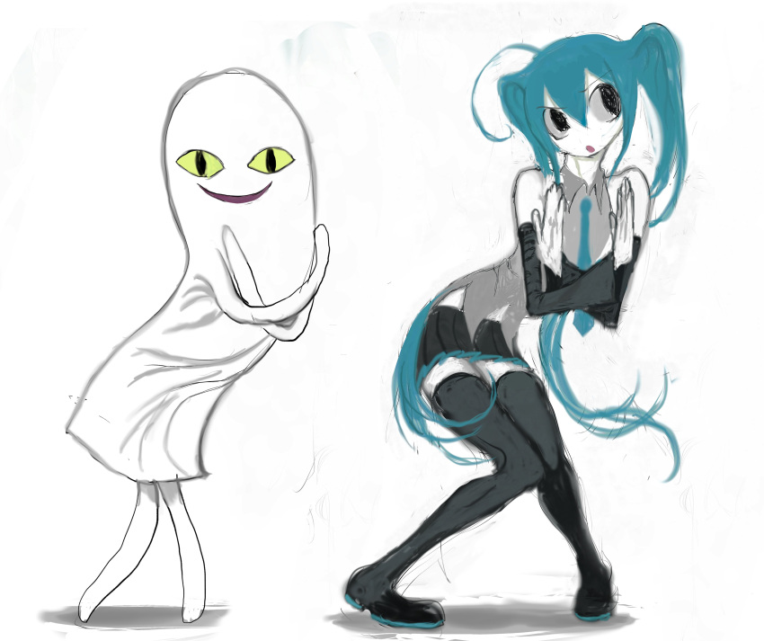 1girl, absurdres, blue_hair, hatsune_miku, highres, kasophism, kikuo, necktie