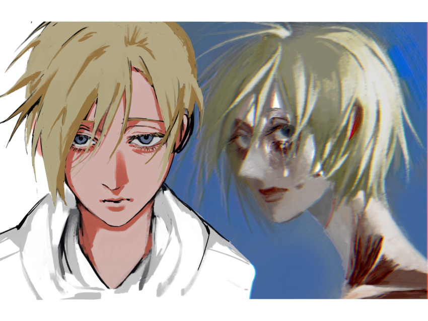 2girls, annie_leonhart, blonde_hair, blue_background, blue_eyes, border, closed_mouth, crying